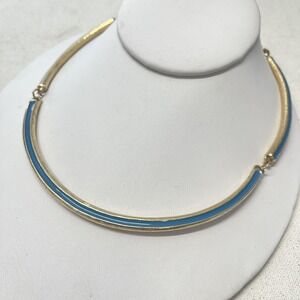 Vintage Gold Tone Blue Enamel Panel Link Chain Collar Necklace 16" 70s 80s